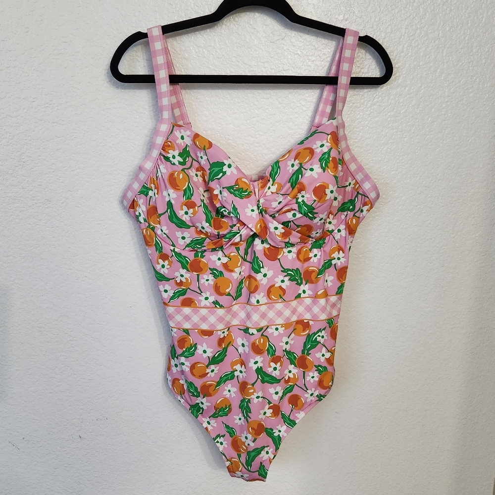 Lands' End Pink Floral One-Piece Swimsuit with Orange & Green Accents